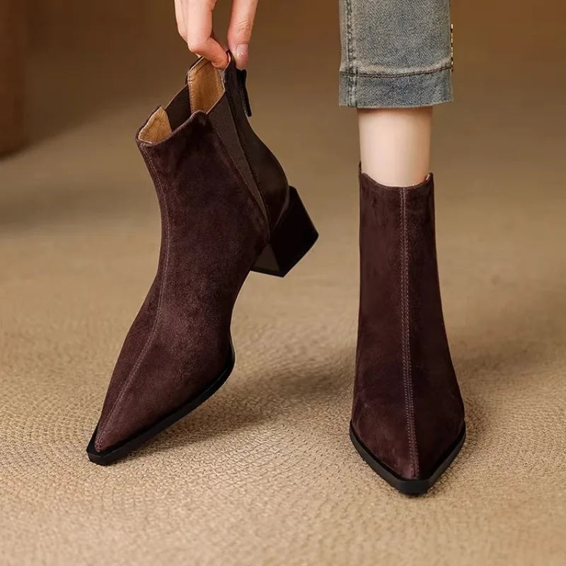 Autumn Winter Women Thick Heel Ankle Boots Elegant Back Zippers Shoes Modern Leather Suede Splicing Short Botas Para Mujer