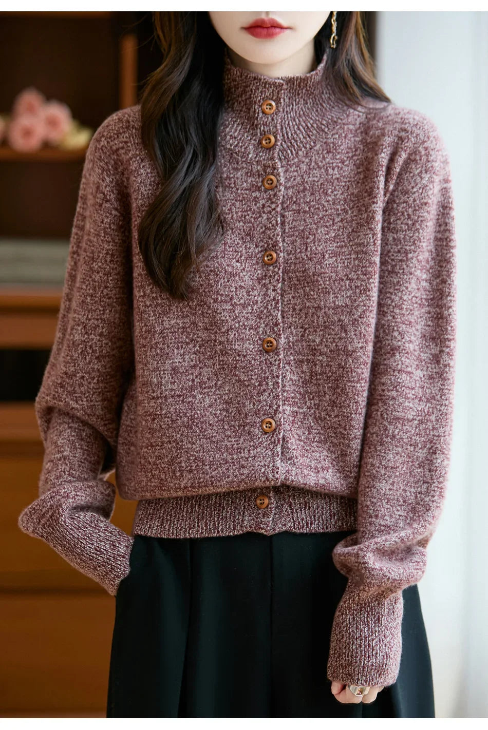 Pure Wool Thickened Knitted High Collar Sweater Coat for Women Winter Season Button up Cardigan Outerwear Floral Pattern