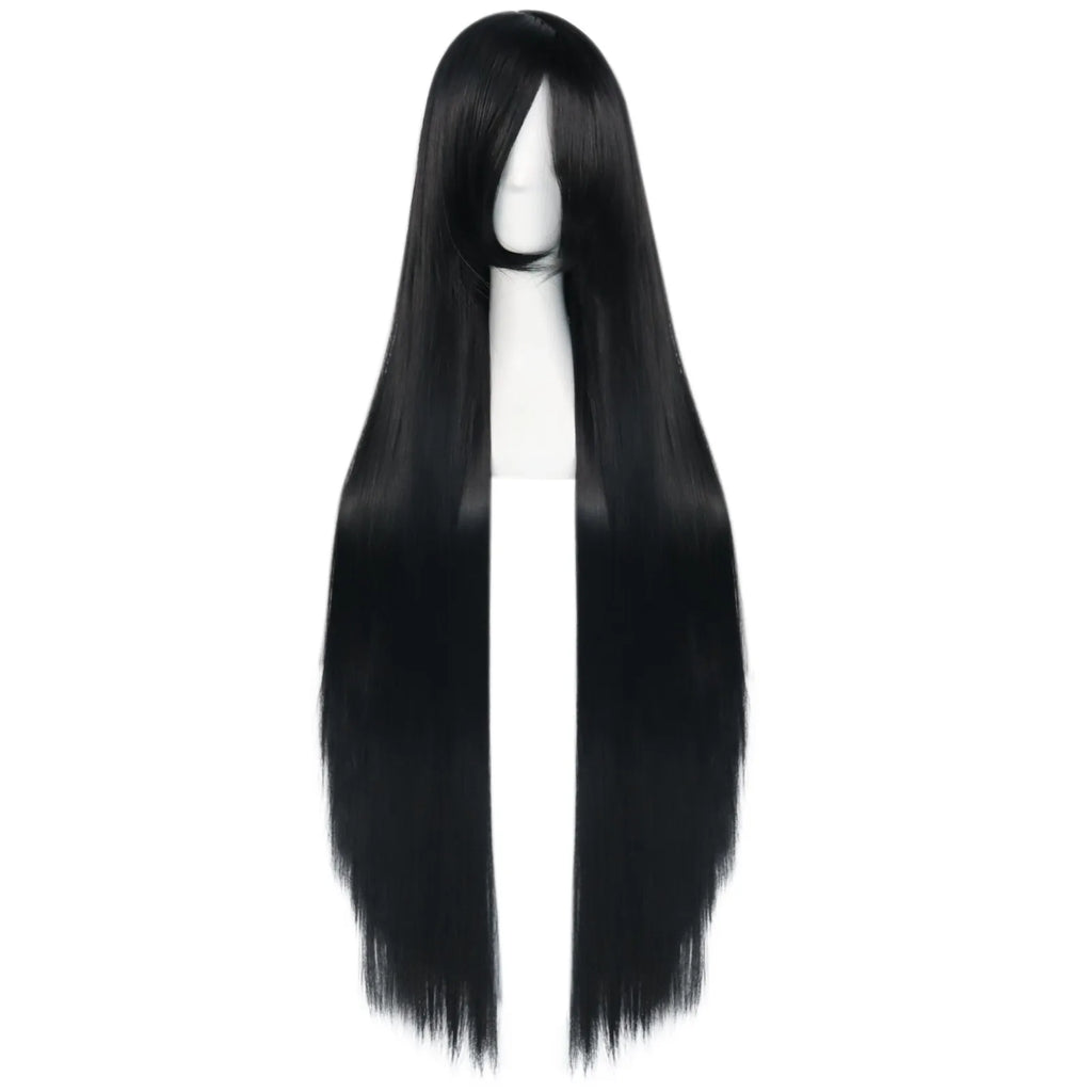 38inch Synthetic Super Long Silky Straight Black Cosplay Wig with Bangs for Halloween & 1pc Wig Cap