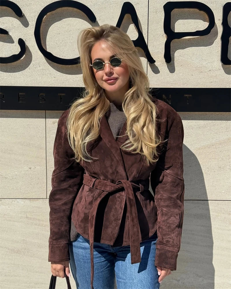 Tornova Retro Suede Long-sleeved Jacket Coat Female V neck Lace Up Jacket 2025 Autumn Winter New Commute Office Lady Outerwear