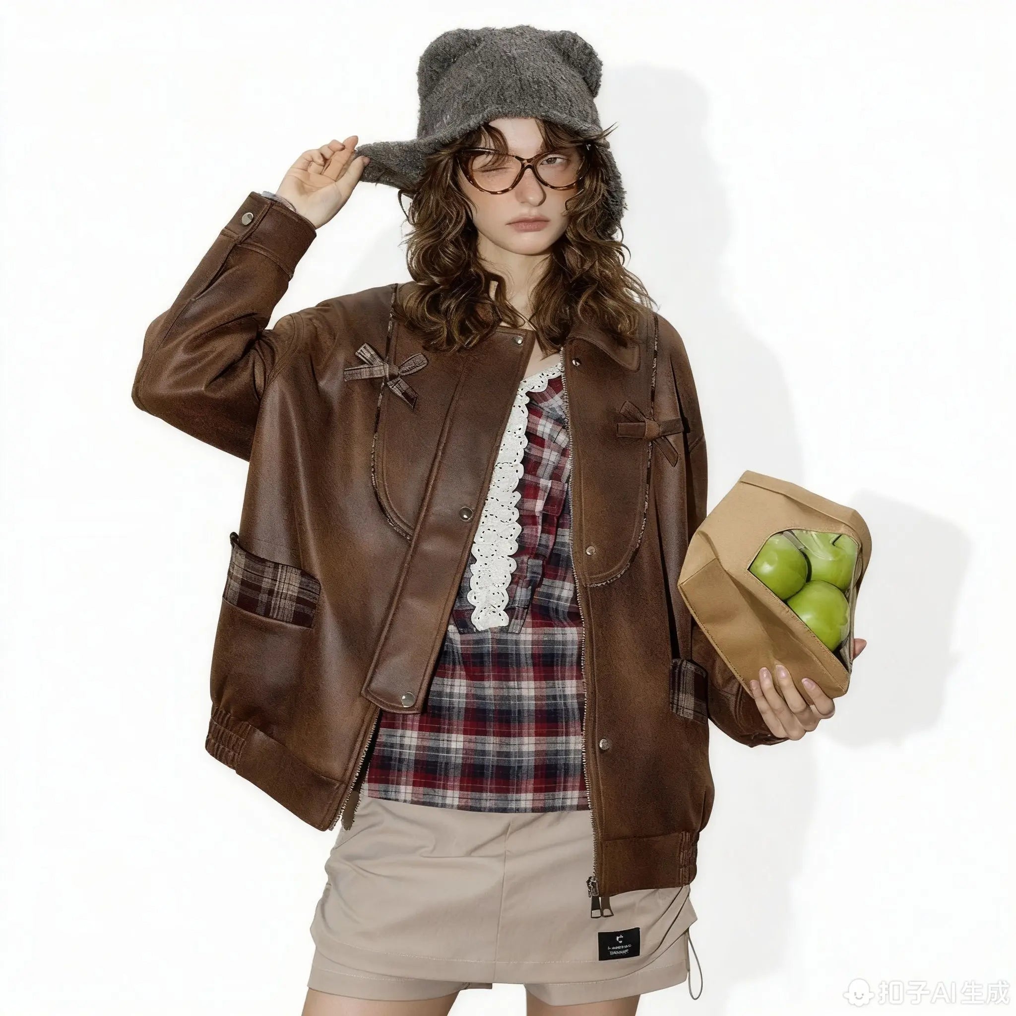 New Arrivals Women's Short Leather Jacket Vintage Y2K Style Loose Fit Plaid Patchwork Design Retro Oversized Autumn Outerwear