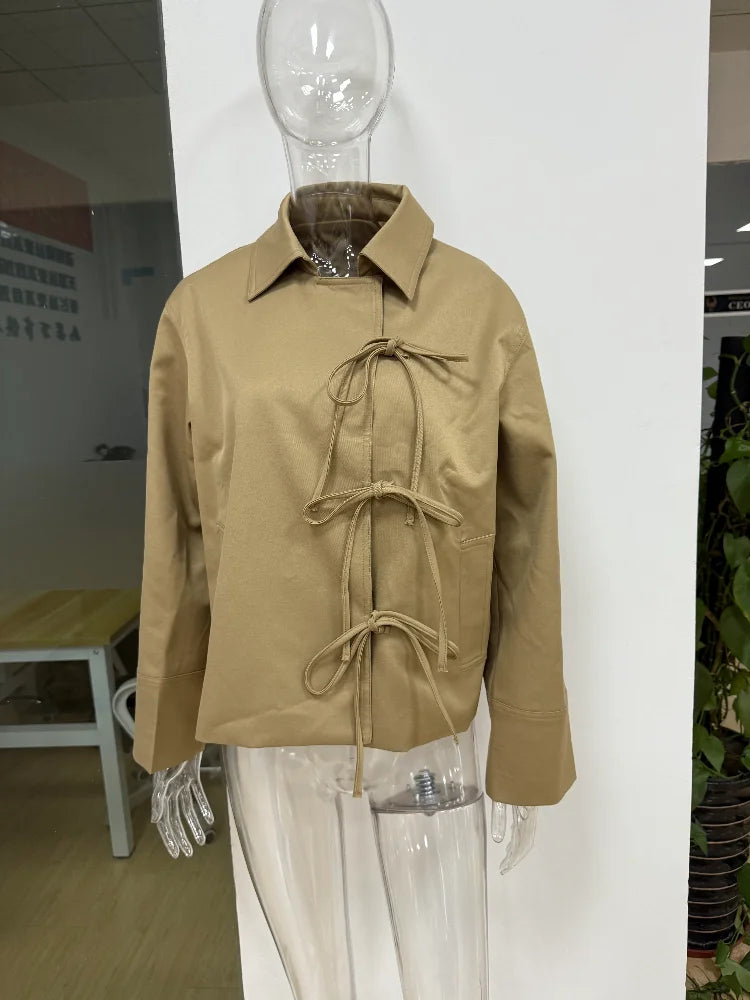 Stylish Cool Jackets Bow Tie Loose Lapel Pocket Coat Casual Vintage Women's Chic Versatile Outerwears Autumn Female Clothing