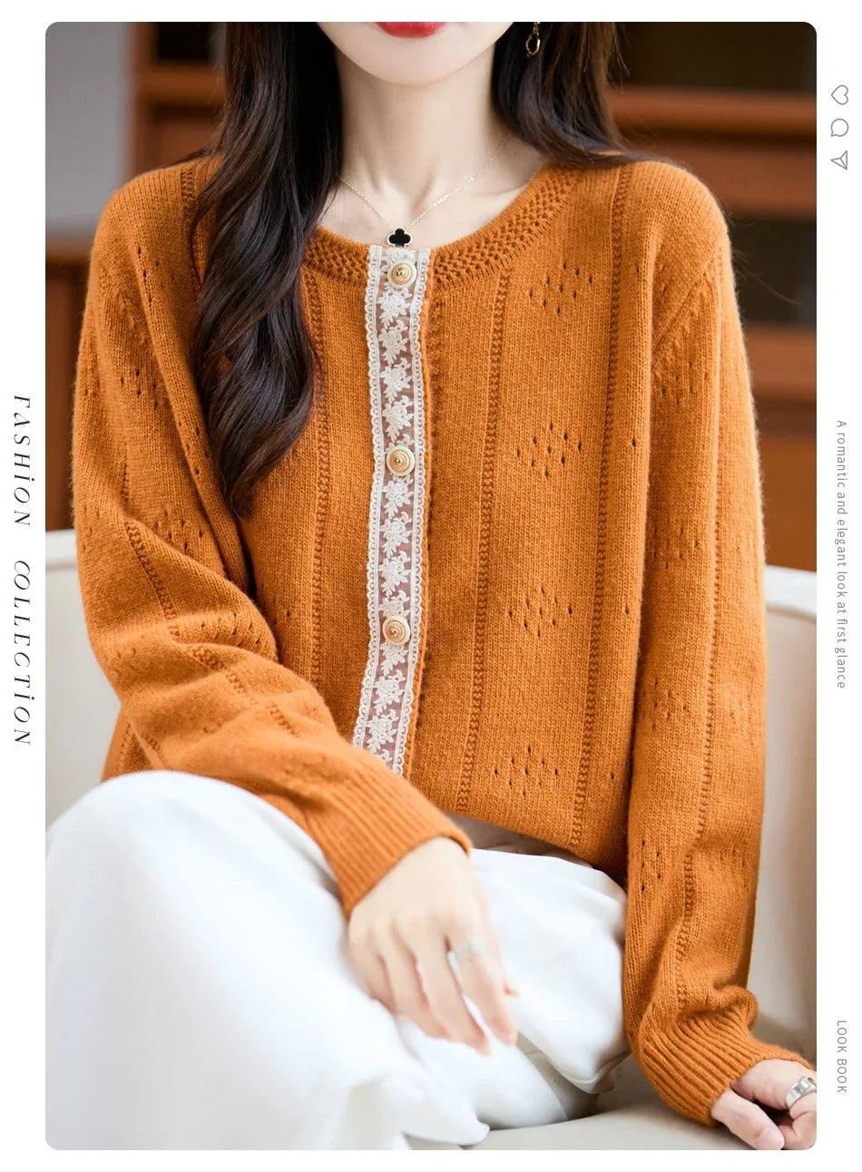 Slimming Soft Lace Splice Knitted Base Shirt French Design Sensation Knitted Open Cardigan Fashionable Anti-Aging Outerwear