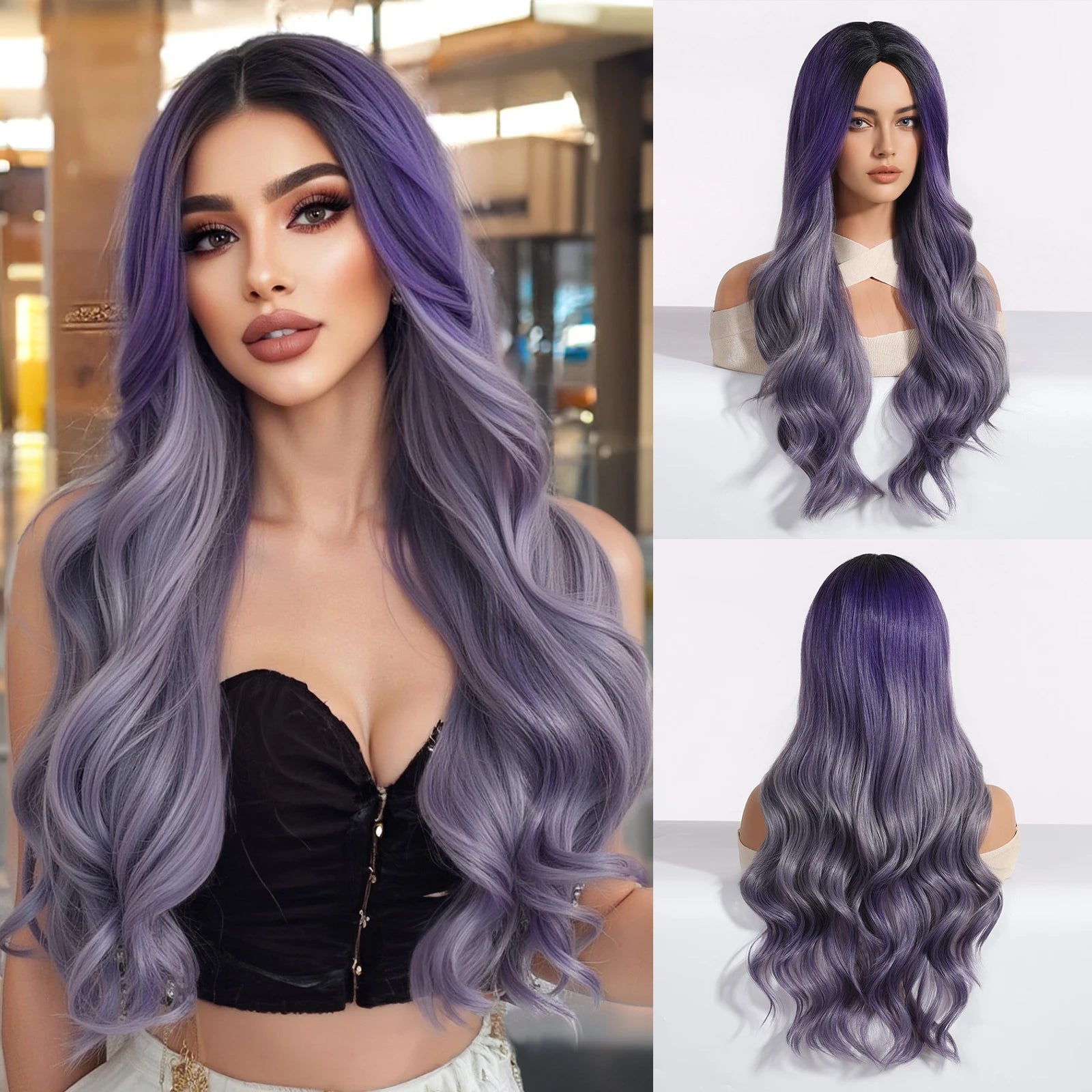 Super Long Curly Silver White Synthetic Wig Medium Part Water Wave Wigs For Women Daily Cosplay Halloween Colorfull Fake Hair