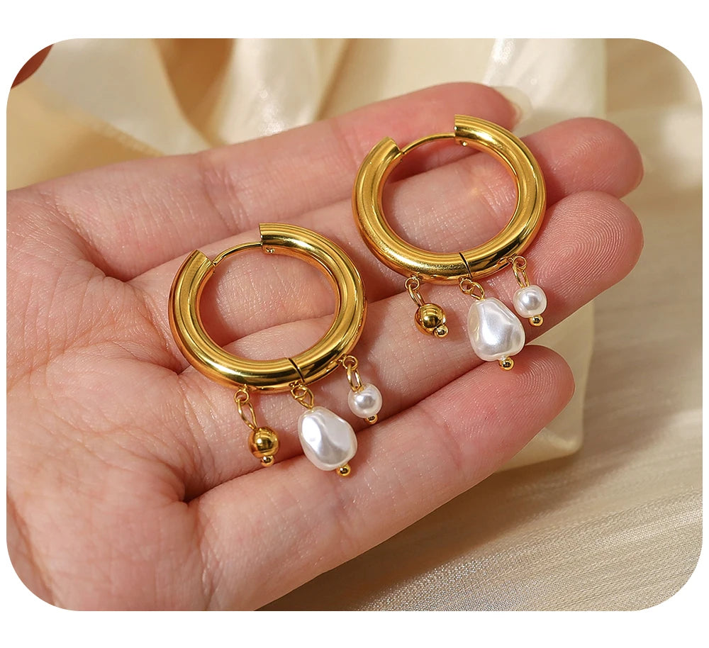 YACHAN Baroque Pearl Stainless Steel Hoop Earrings for Women Exquisite Chic Huggie Earring 18K Gold Plated Jewelry