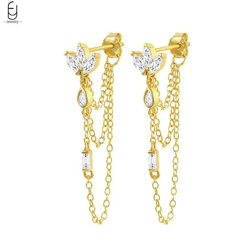 925 Sterling Silver Needle Vintage Gold Earrings Luxury Long Chain Tassel Crystal Hoop Earrings for Women Party Trend Jewelry