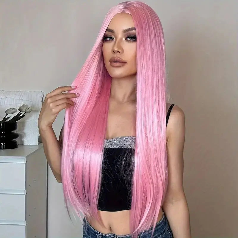 Synthetic Wig For Lady With Long Straight Hair, Parting With Bangs. Natural Synthetic Fabric Matte Finish Full Head Cover.
