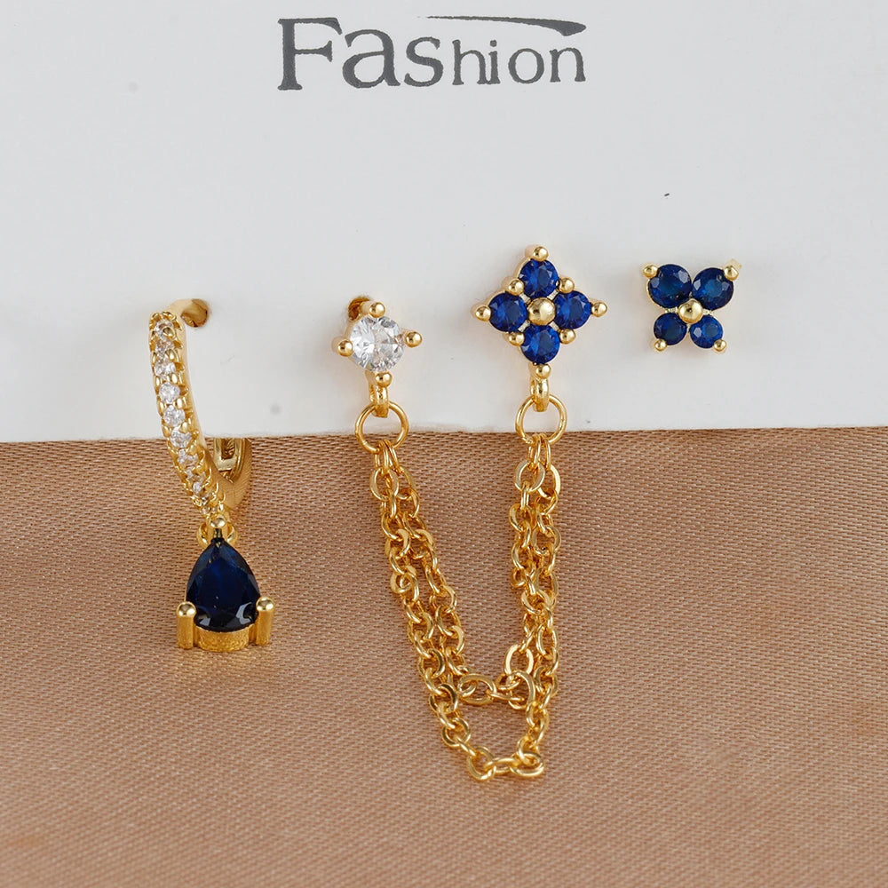 3PCS Set Stainless Steel Crystal CZ Butterfly Ear Stud Earring Gold Plated Pendant Water Drop Cartilage Earring Piercing Jewelry