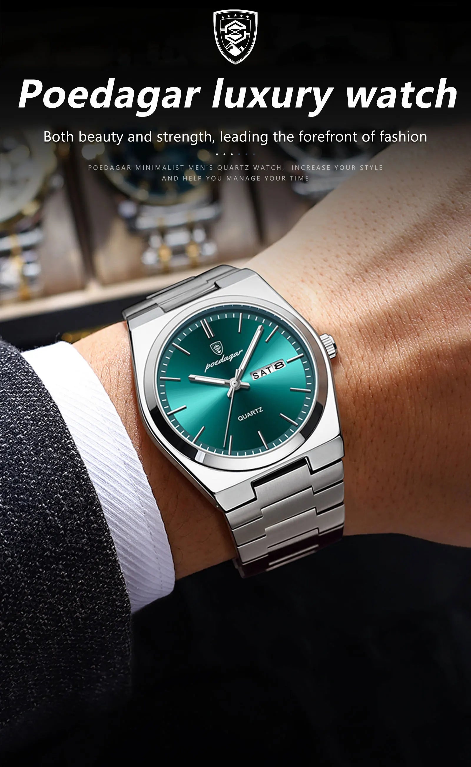 POEDAGAR Luxury Men's Watches Waterproof Luminous Date Week Men Watch Stainless Steel Casual Fashion Quartz Man Wristwatch Reloj