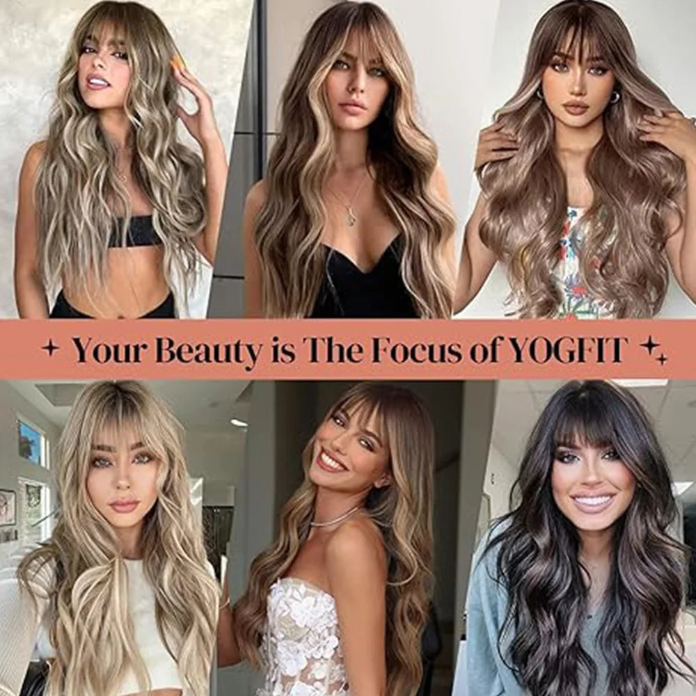Synthetic Long Blonde Wigs with Bangs for Women Curly Wavy Hair Wigs Heat Resistant Fiber Wigs for Daily Party Use 26 Inches