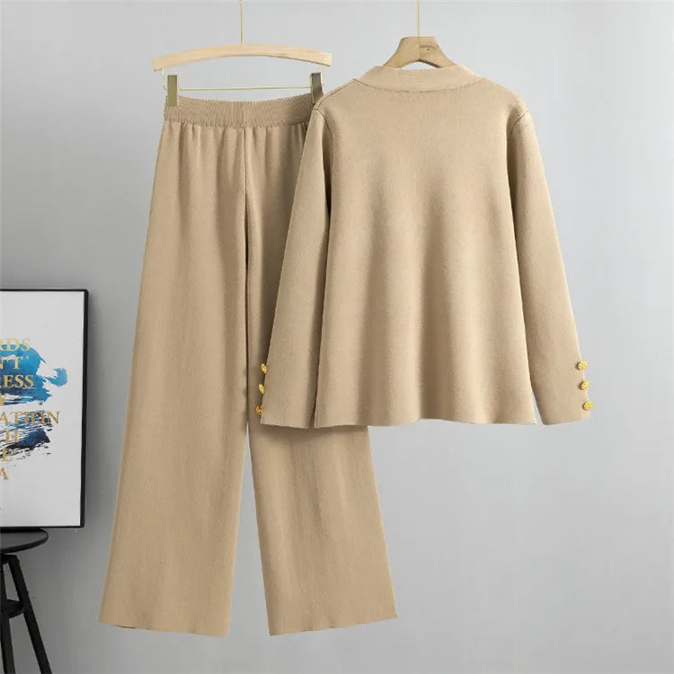 Women Elegant Knitted 2 Piece Sets Korean Knit Single Breasted Sweater Cardigan Tops Conjuntos High Waist Wide Leg Pants Outfit