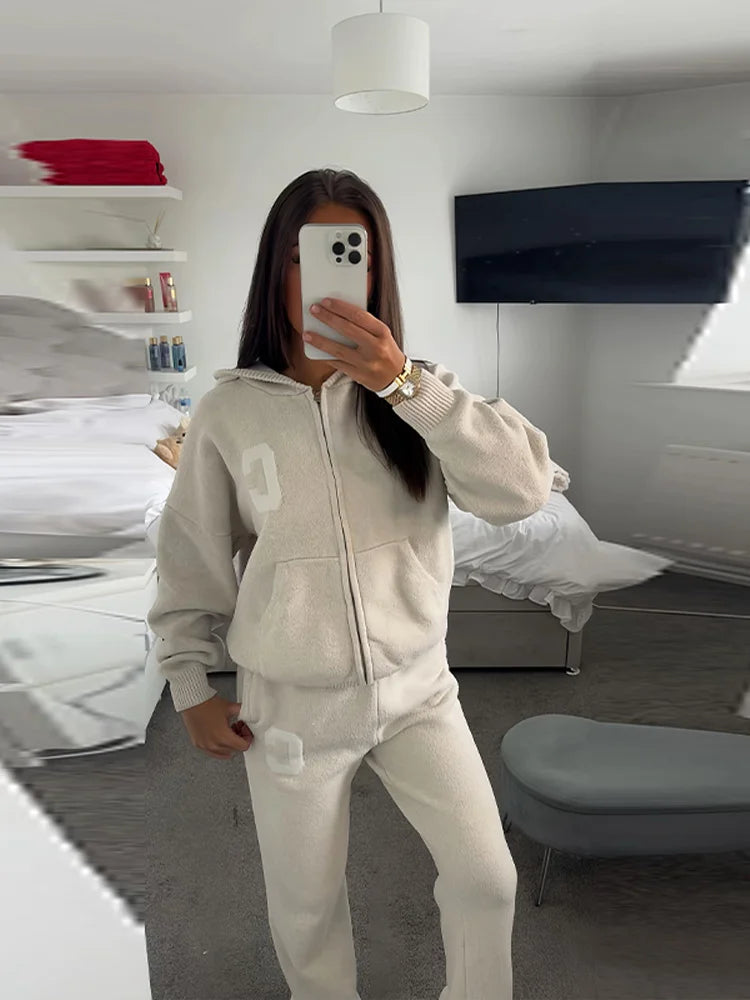 Knitted Women's Pant Sets Hooded Long Sleeve Dropped Shoulder Zipper Female Jacket Solid Elastic Waist Straight Pants For Ladies