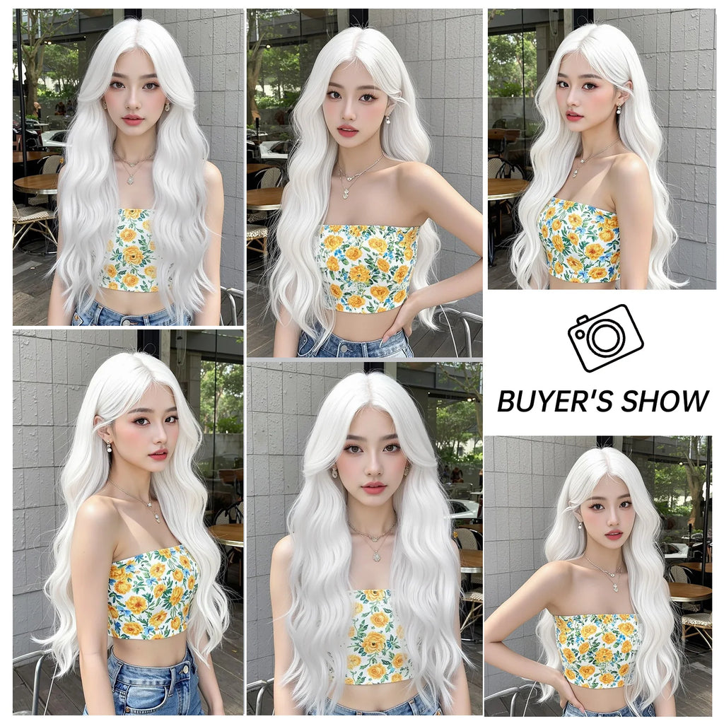 Super Long Curly Silver White Synthetic Wig Medium Part Water Wave Wigs For Women Daily Cosplay Halloween Colorfull Fake Hair