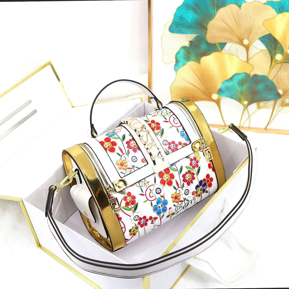 Women Boston Bag Printed Pattern Handbag Large Capacity Shoulder Crossbody Bag Double Zipper Half Cover Style Top Top Handle Bag