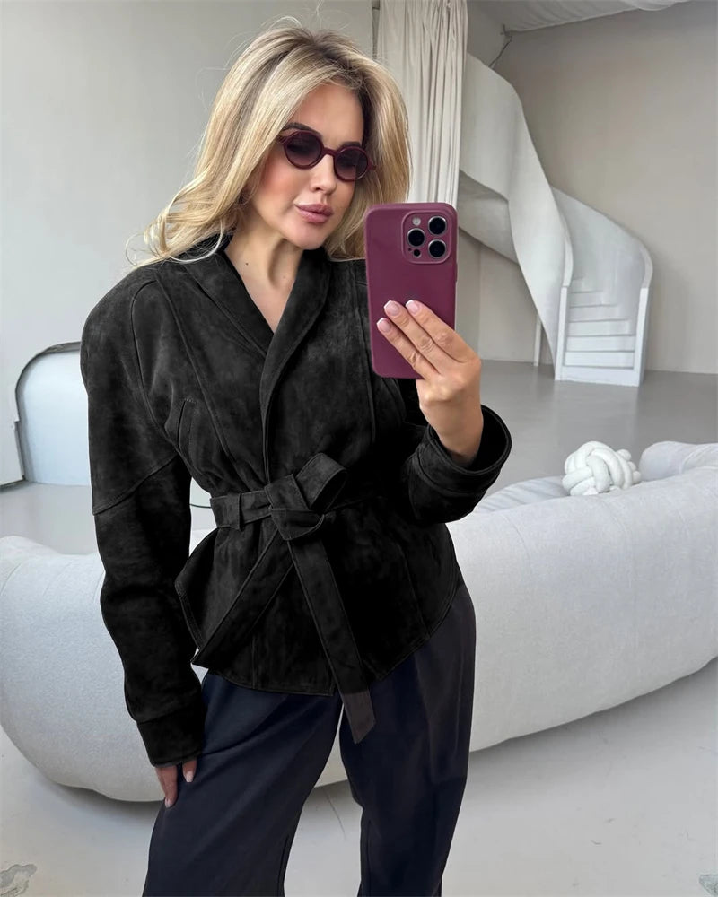 Tornova Retro Suede Long-sleeved Jacket Coat Female V neck Lace Up Jacket 2025 Autumn Winter New Commute Office Lady Outerwear