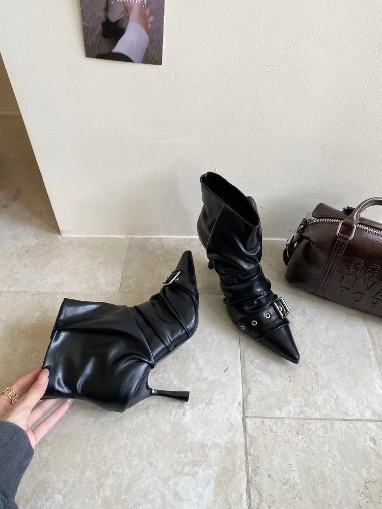 Aneikeh Spring Autumn Short Booties Sexy Thin High Heels Pointed Toe Women Ankle Boots Designer Belt Buckle Pleated Shoes