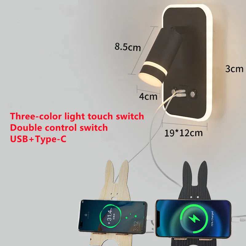 Wireless Charging Wall Lamp Bedroom Bedside USB Wall Light Rotatable Reading Lamp Study Room Switch Modern Multifunctional Hotel
