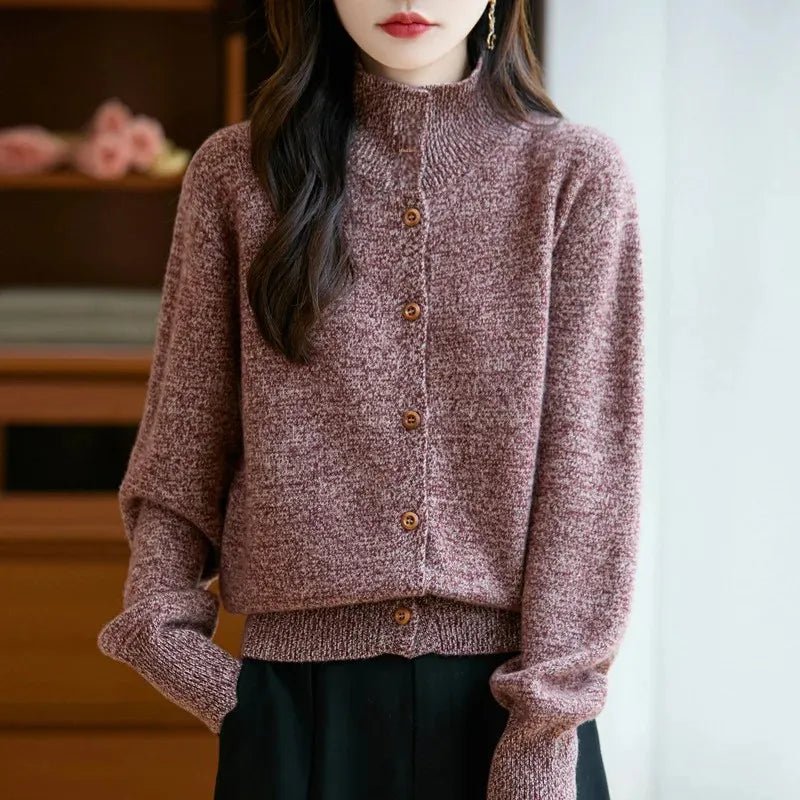 Pure Wool Thickened Knitted High Collar Sweater Coat for Women Winter Season Button up Cardigan Outerwear Floral Pattern