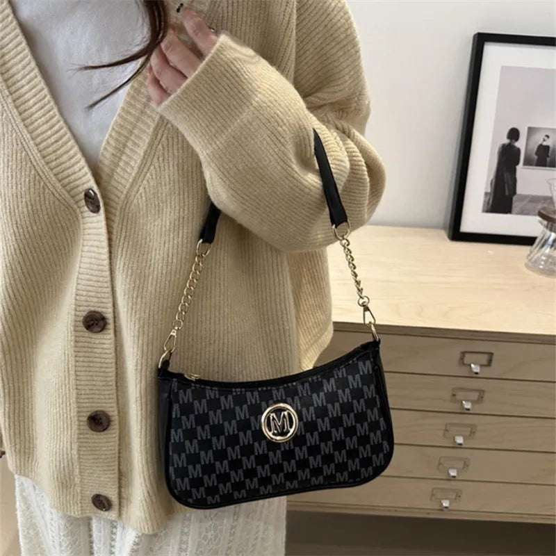 Vintage Style Handbag Crossbody Bag, Gold Letter 'M' Design Pu Leather Shoulder Messenger Bag, Synthetic Leather Tote Bag, Purse