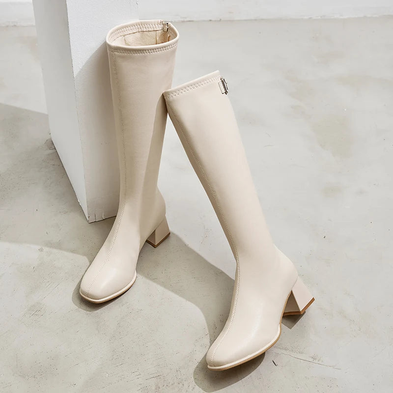 XiangXiangLi Women's Knee-High Boots with Fleece Lining Chunky Heel Long Tube Boots