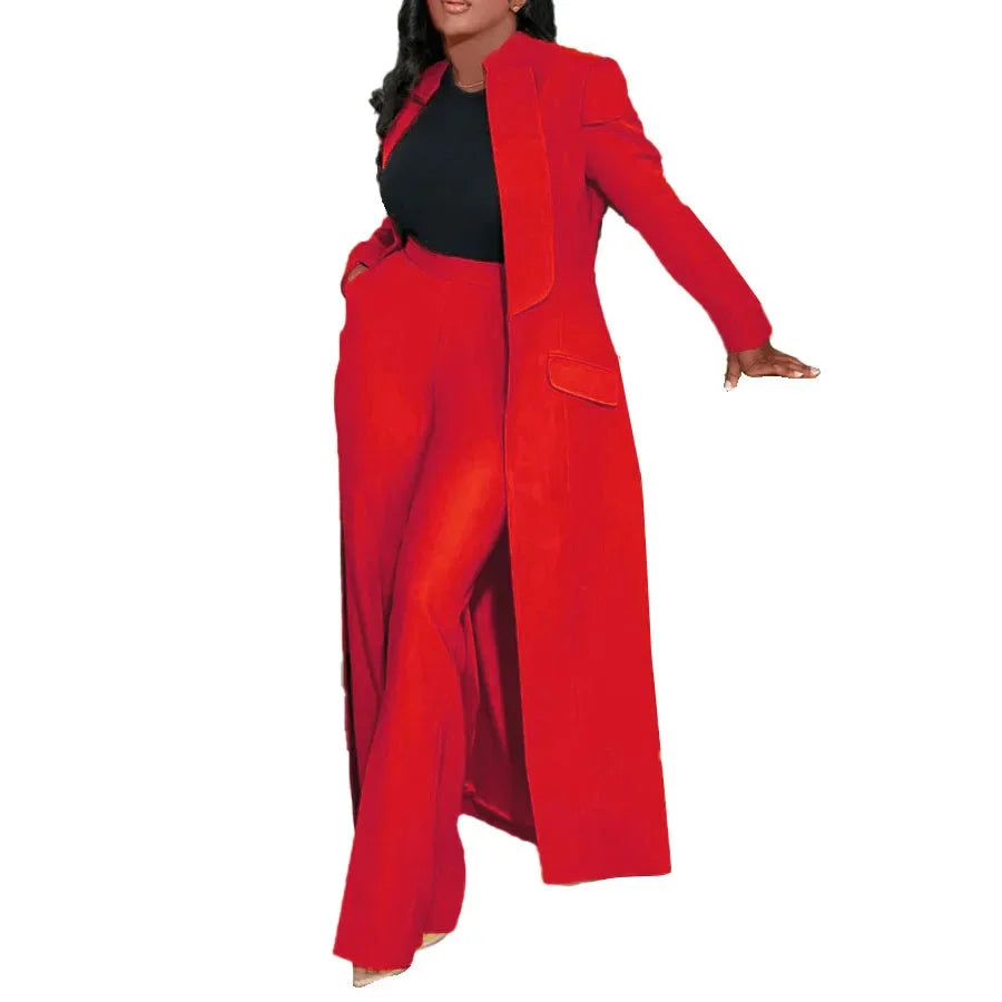 Women's Set Full Sleeve X-Long Blazer Coat+ Long Pant Suit 2025 Spring Streetwear Two 2 Piece Set Africa OL Work Outfits