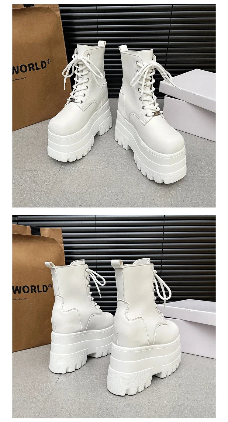 Women 13 CM Platform Boots Casual Outdoor Shoes Chunky Simple Lace Up Design Ankle Boots Cool Nightclub Party Black Shoes 35-43