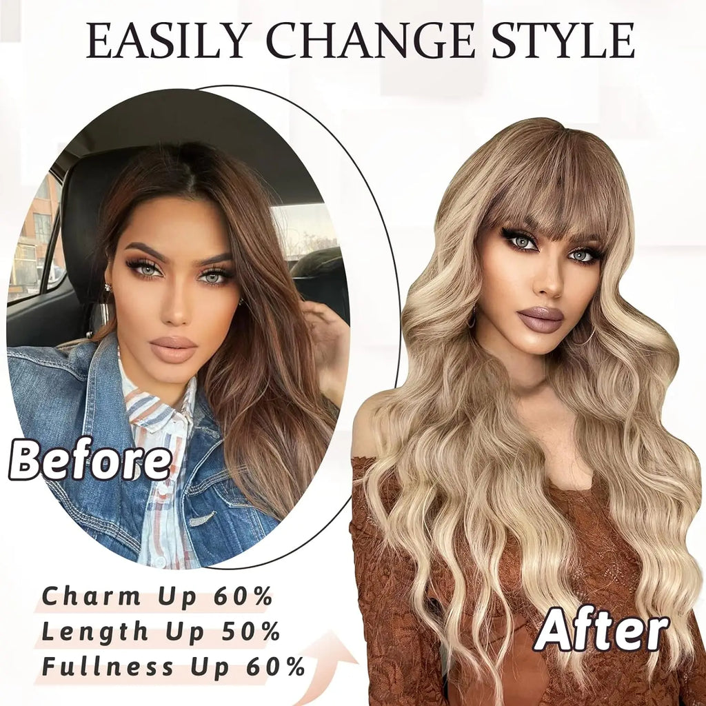 Synthetic Long Blonde Wigs with Bangs for Women Curly Wavy Hair Wigs Heat Resistant Fiber Wigs for Daily Party Use 26 Inches