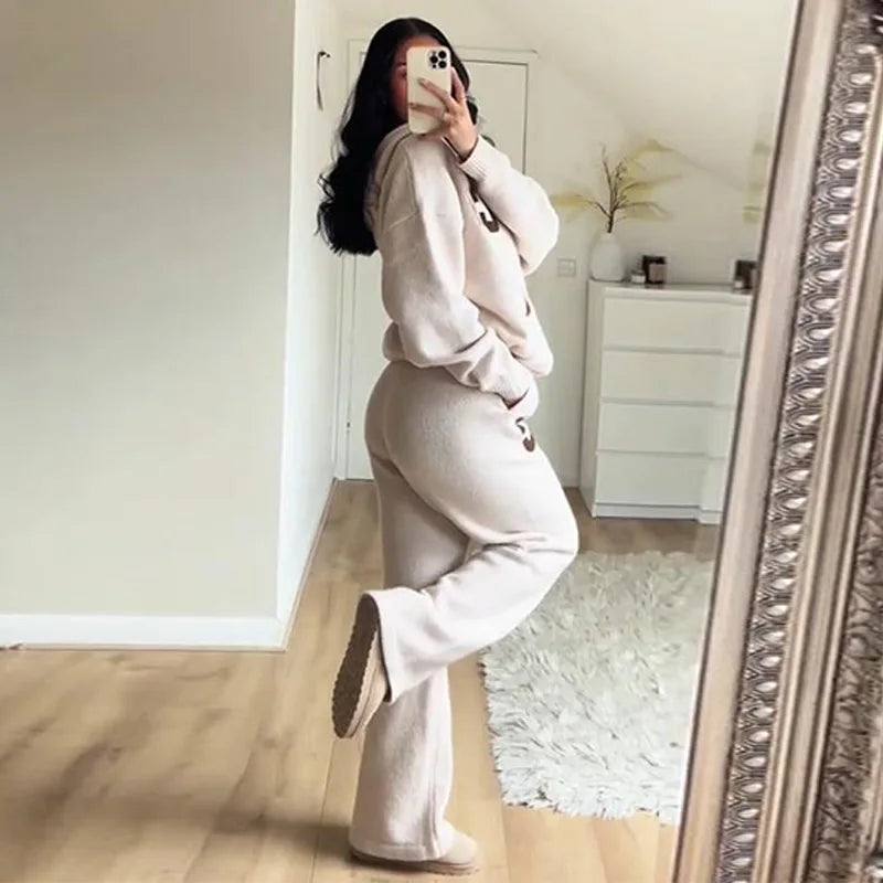 Knitted Women's Pant Sets Hooded Long Sleeve Dropped Shoulder Zipper Female Jacket Solid Elastic Waist Straight Pants For Ladies