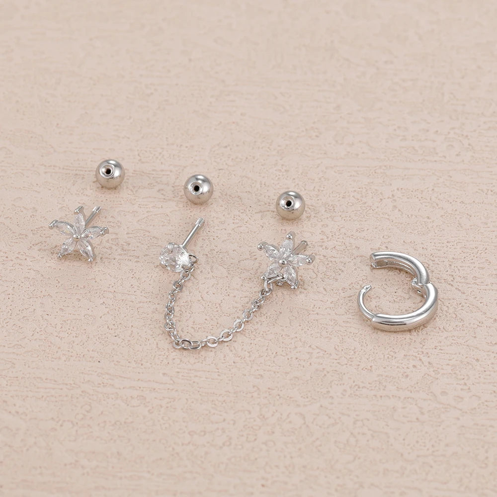 3PCS Stainless Steel Zircon Flower Star Ear Stud Earrings Set 14K Gold Plated Chain Cartilage Piercing Earring Women's Jewelry