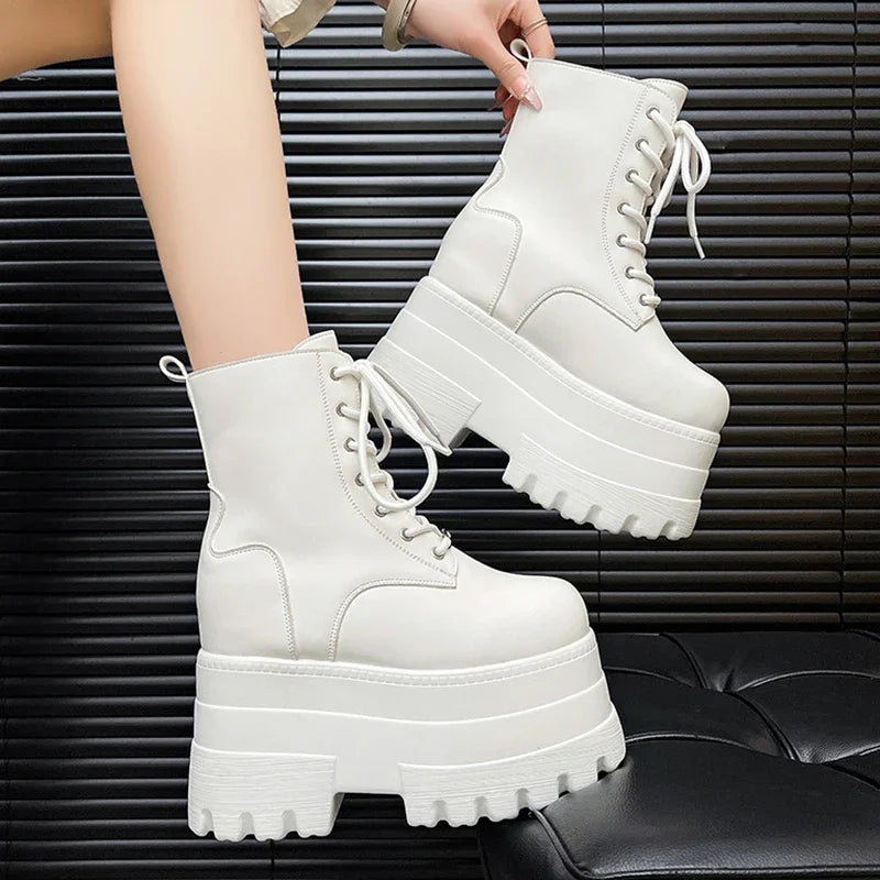 Women 13 CM Platform Boots Casual Outdoor Shoes Chunky Simple Lace Up Design Ankle Boots Cool Nightclub Party Black Shoes 35-43