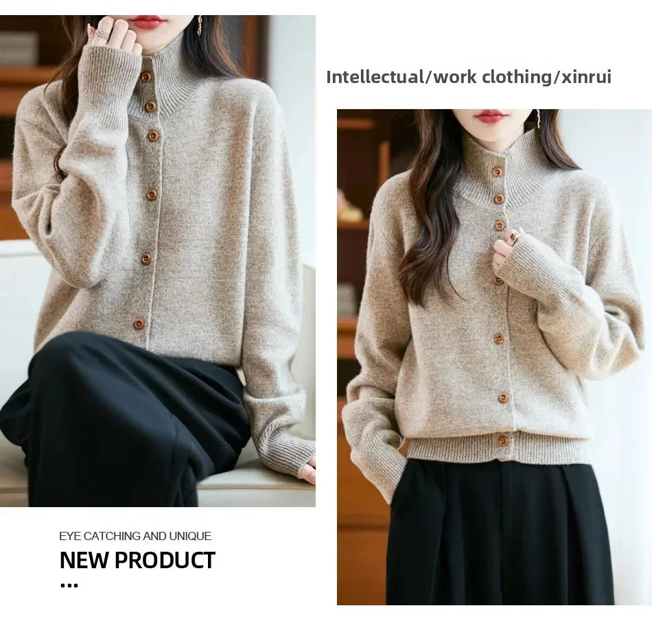 Pure Wool Thickened Knitted High Collar Sweater Coat for Women Winter Season Button up Cardigan Outerwear Floral Pattern