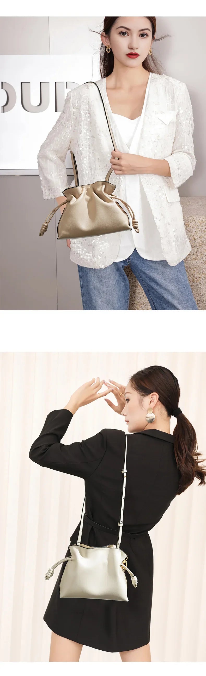 Classic Flamenco Lucky Bag, Genuine Leather Cloud Bag with Drawstring, Shoulder Bucket Bag for Women, Autumn and Winter