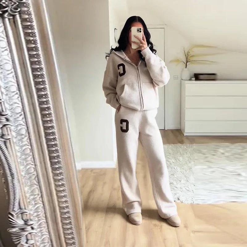 Knitted Women's Pant Sets Hooded Long Sleeve Dropped Shoulder Zipper Female Jacket Solid Elastic Waist Straight Pants For Ladies