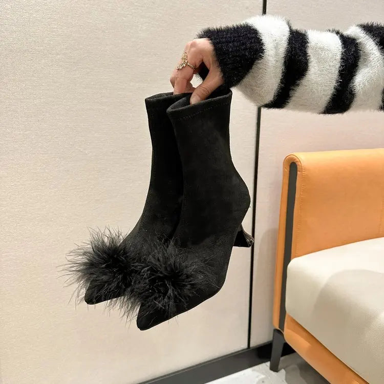 Ankle Boots Women Boots Women Shoes Woman Fashion High-heeled Pointed Flock Boots Spring Autumn Rhinestone Short Boots