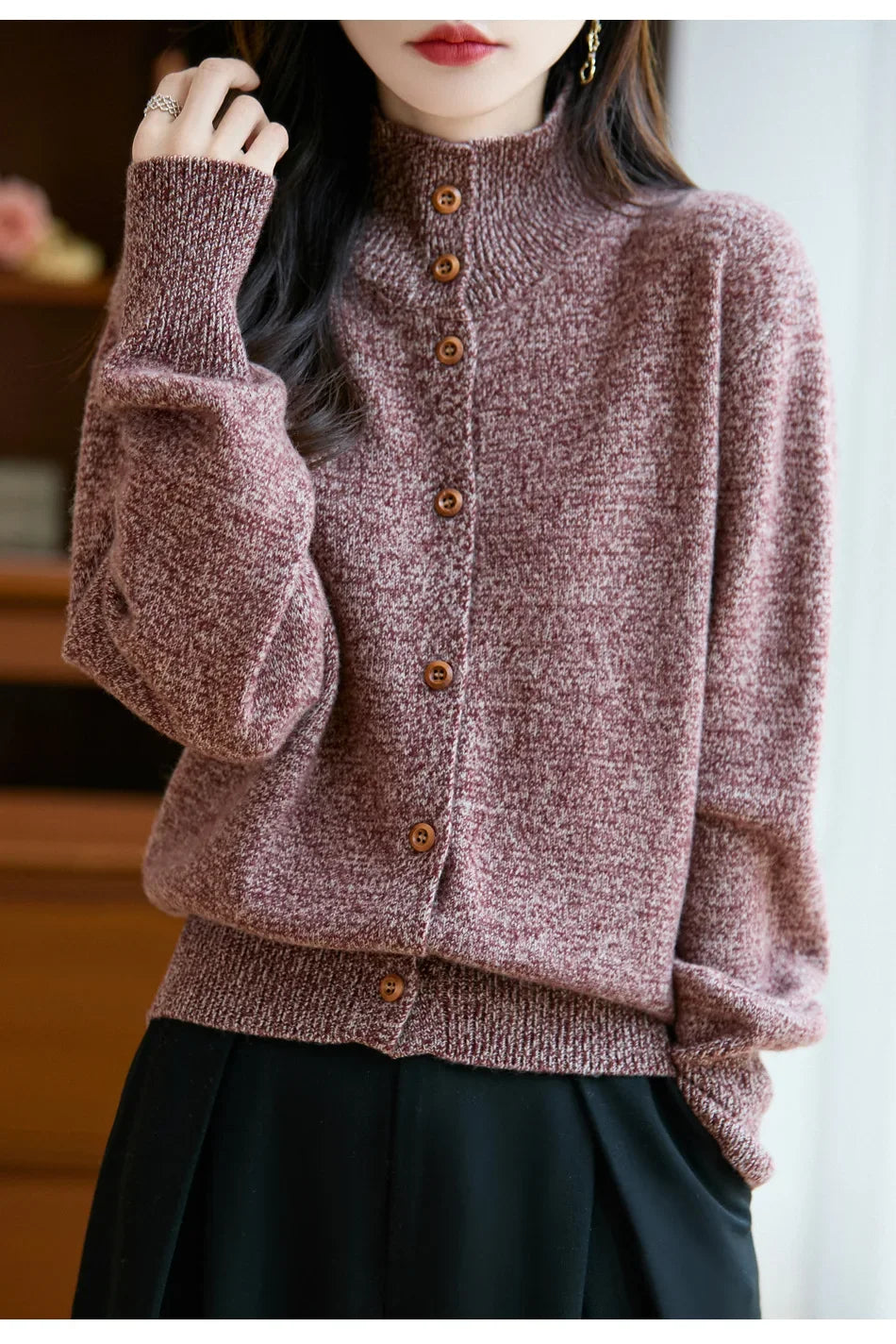 Pure Wool Thickened Knitted High Collar Sweater Coat for Women Winter Season Button up Cardigan Outerwear Floral Pattern