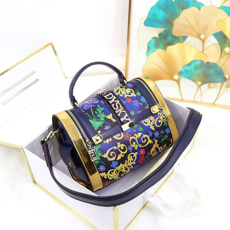 Women Boston Bag Printed Pattern Handbag Large Capacity Shoulder Crossbody Bag Double Zipper Half Cover Style Top Top Handle Bag