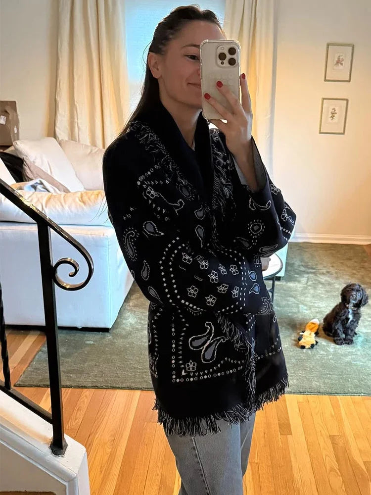 Tassel Patchwork Printed Cardigan Women Fashion V-neck Long Sleeve Loose Outerwears Lady Autumn Daily Commute Street Cardigans