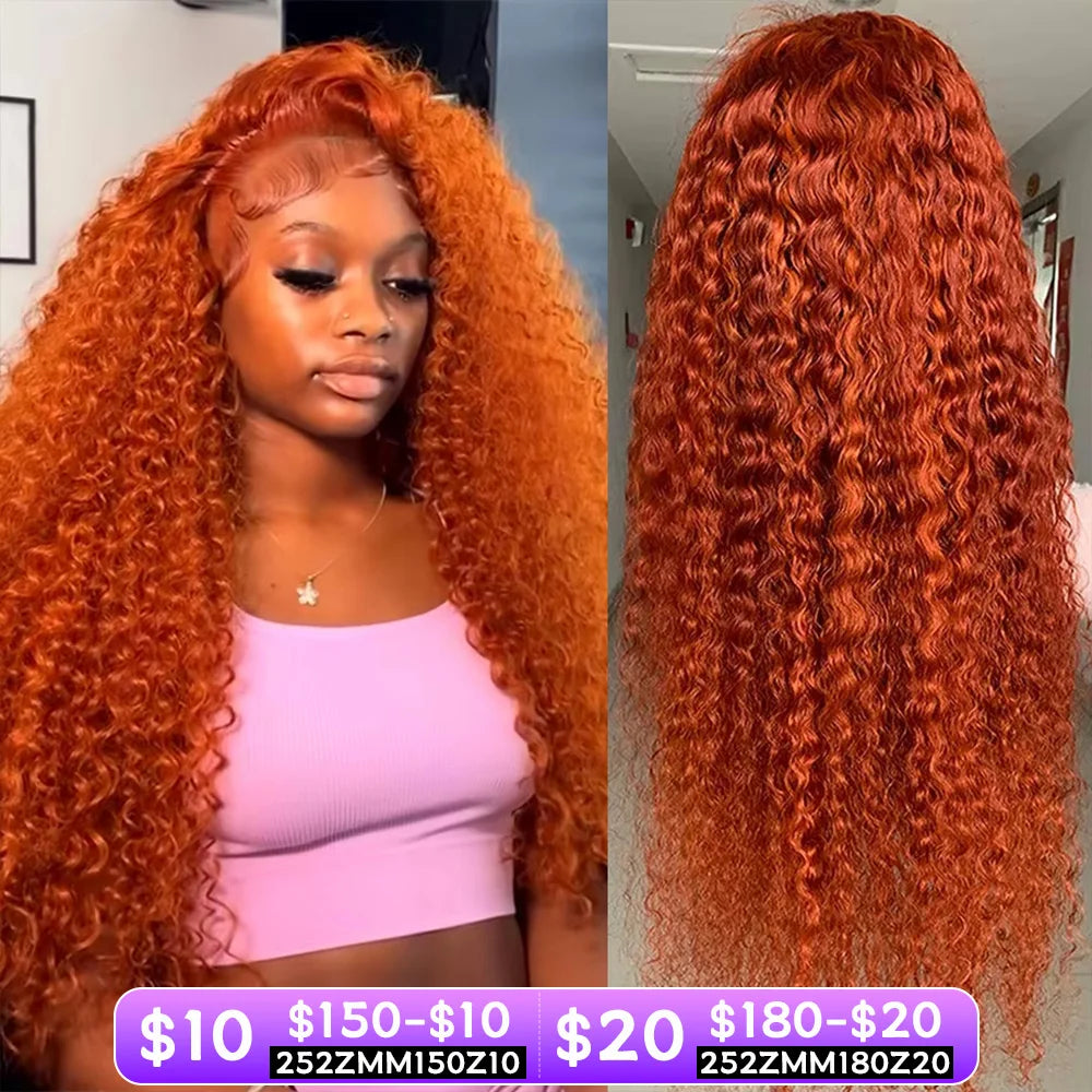 Orange colored Water wave 13x6 hd lace frontal human hair wig Preplucked deep wave 30 inch ginger lace front curly wigs on sale