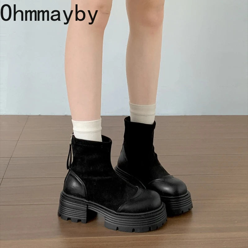 Vintage Platform Thick Sole Woman Ankle Boots Design Back Zippers Shoes Autumn Winter Slim Height Increase Short Botas