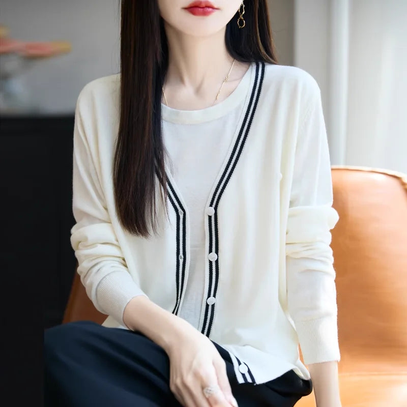 Autumn Thin Knit Sweater Women Long Sleeve Pullover Tops Korean Style Layered Design Lightweight Cardigan Outerwear Casual Chic