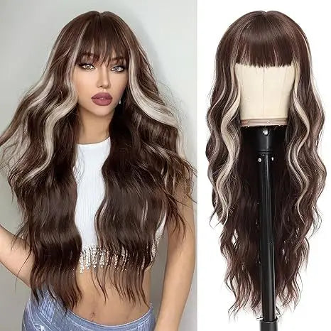 Synthetic Long Blonde Wigs with Bangs for Women Curly Wavy Hair Wigs Heat Resistant Fiber Wigs for Daily Party Use 26 Inches
