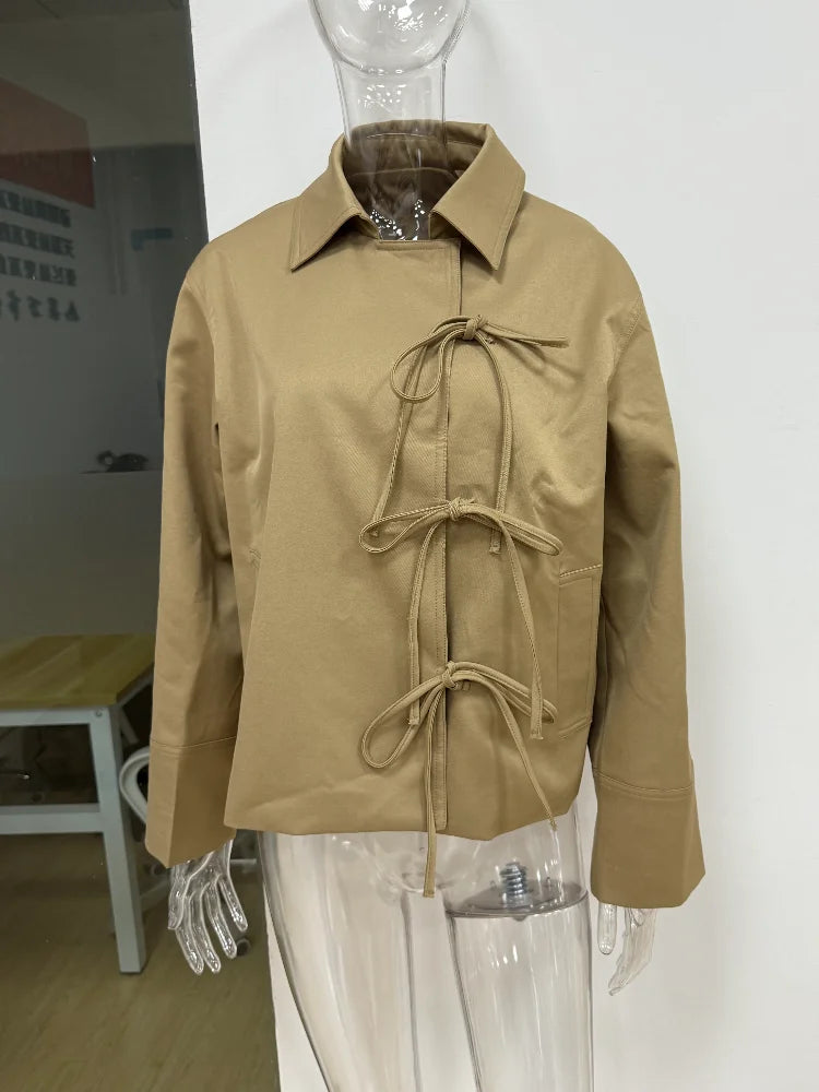 Stylish Cool Jackets Bow Tie Loose Lapel Pocket Coat Casual Vintage Women's Chic Versatile Outerwears Autumn Female Clothing