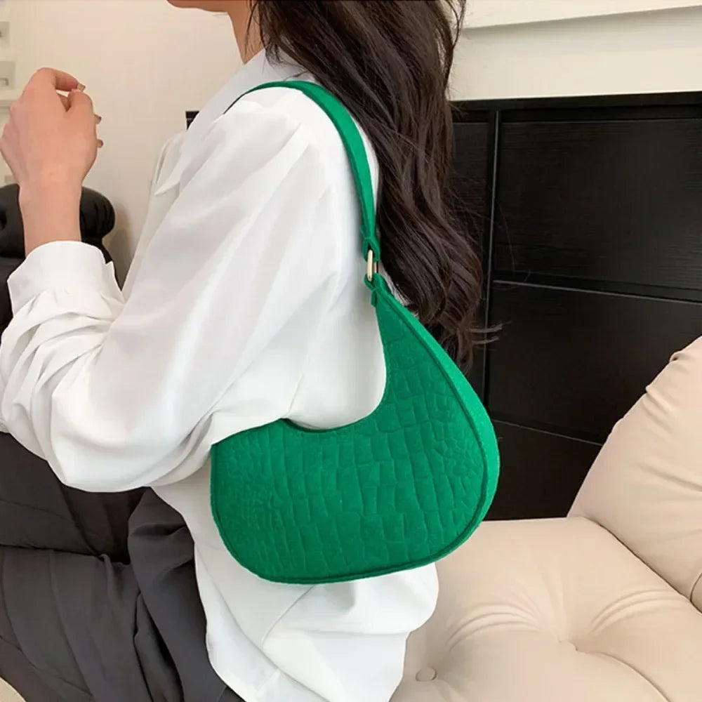 Women Bags Shoulder Retro Leisure Handbag Pure Felt Fashion Underarm Bag Crescent Saddle Bag for Ladies Advanced Armpit Bag 2025