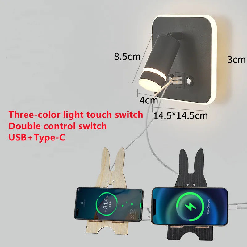 Wireless Charging Wall Lamp Bedroom Bedside USB Wall Light Rotatable Reading Lamp Study Room Switch Modern Multifunctional Hotel