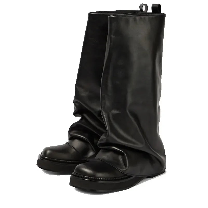 Women's New Autumn and Winter Calf Boots with Pleated Thick High Heels and Fashionable Oversized Street Leather Mid Leg Boots