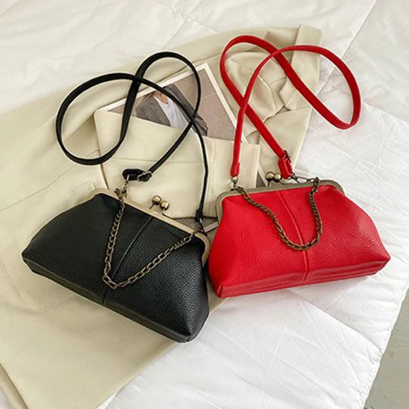 Vintage Soft Skin Shell Bag New Lychee Pattern Handbag Simple And Versatile Shoulder Bag Clip Chain Crossbody Women's Bag