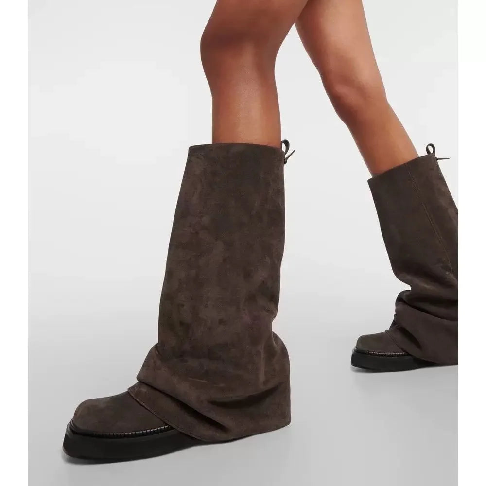 Women's New Autumn and Winter Calf Boots with Pleated Thick High Heels and Fashionable Oversized Street Leather Mid Leg Boots