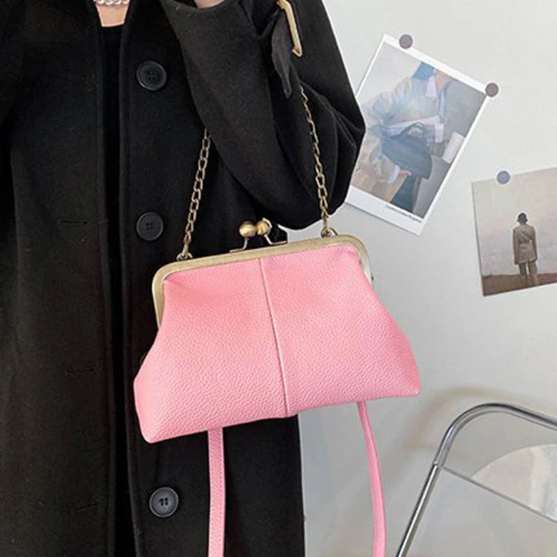 Vintage Soft Skin Shell Bag New Lychee Pattern Handbag Simple And Versatile Shoulder Bag Clip Chain Crossbody Women's Bag