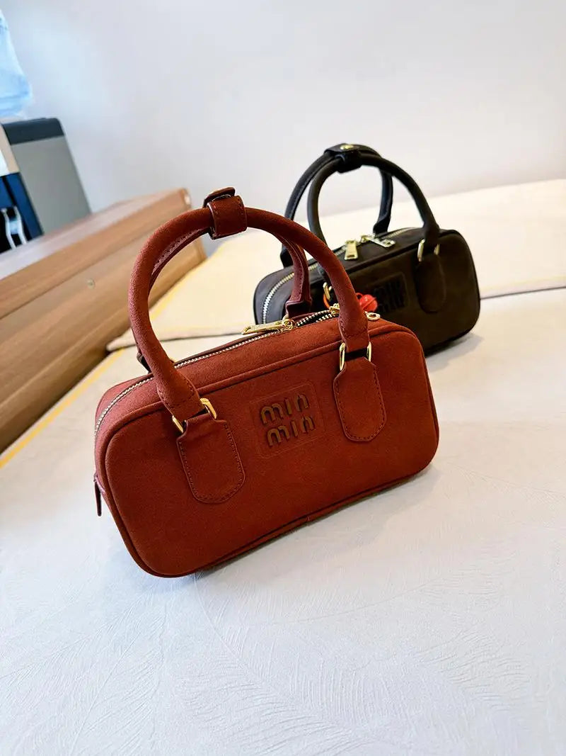 Luxury Suede Square Handbag Women's Faionable Vintage Boston Bowling Bag Soft Handle Briti Sle Casual Pure Color