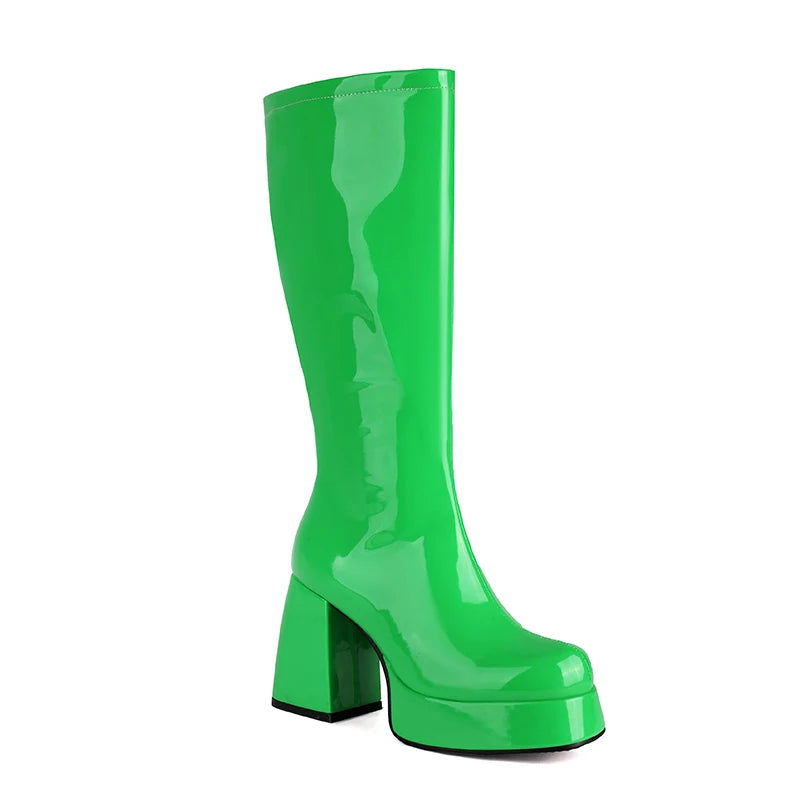 Plus Size Glossy Patent Leather Upper Square Toe Super Thick Heel Plush Lining Women's Knee Boots Platform Side Zipper Boots